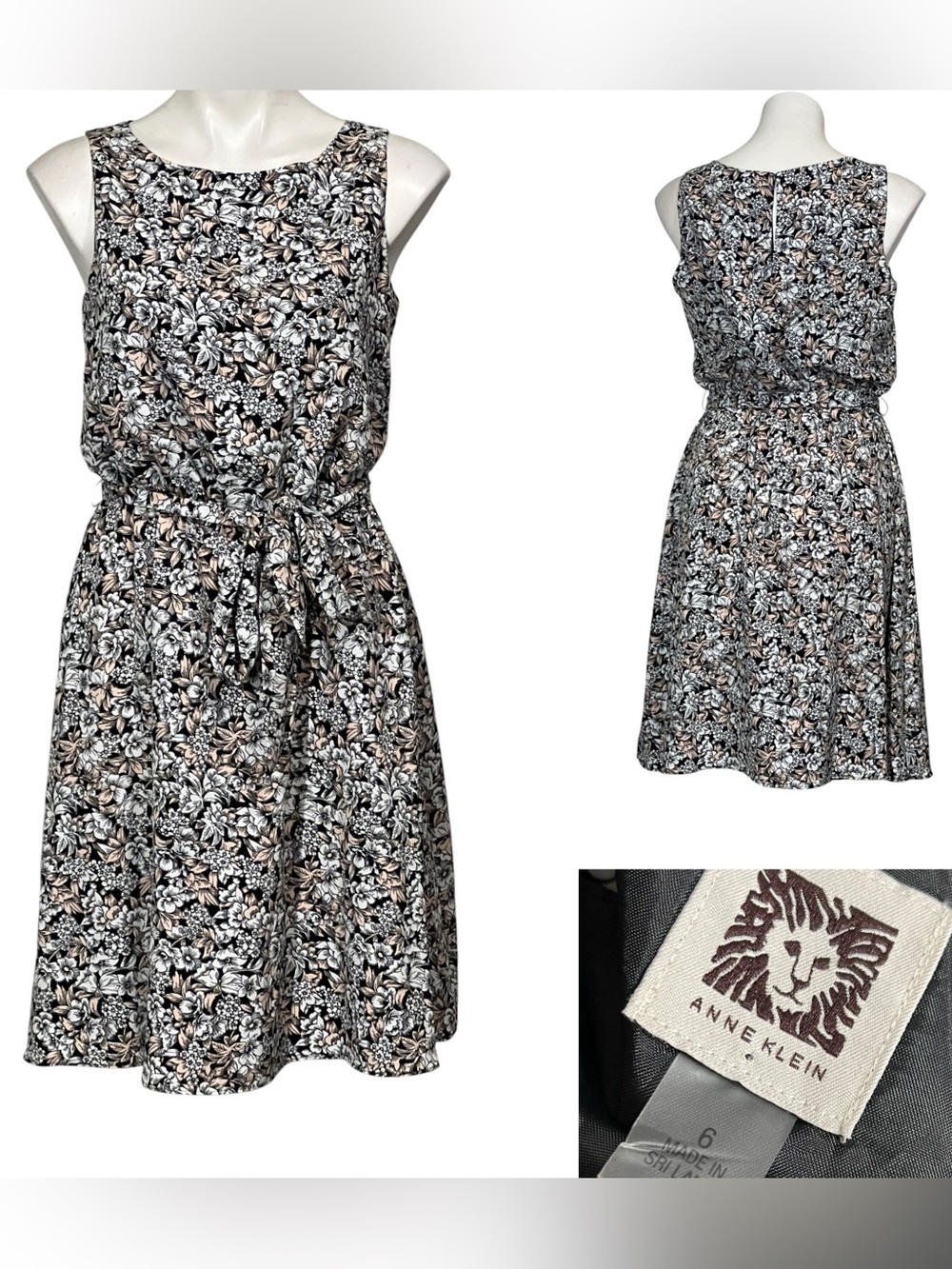 Anne Klein Dress 6 Black/blush pink Floral Sleeveless Belted knee length office